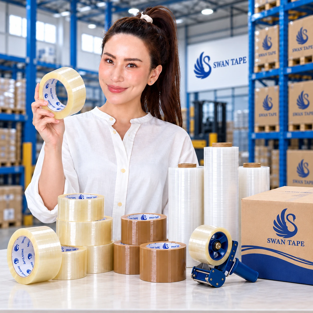 พรีเซนเตอร์ SWAN TAPE ถือม้วนเทปกาว OPP ในงานแพ็กกิ้ง