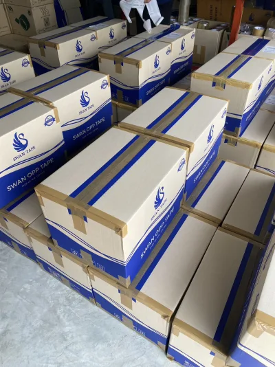 ลังเทปกาว SWAN OPP TAPE ปิดเทปเรียบร้อยวางเรียงเป็นแถวรอจัดส่ง มีพนักงานถือเอกสารตรวจอยู่ด้านหลัง — SWAN TAPE โรงงานผลิตเทปกาว