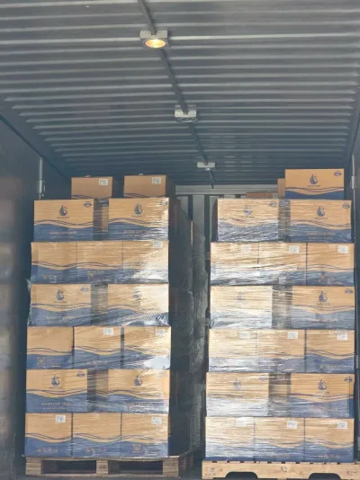 พาเลทกล่องเทป SWAN บรรจุเต็มตู้คอนเทนเนอร์สองแถวพร้อมพันฟิล์มรัดแน่น — SWAN TAPE โรงงานผลิตเทปกาว