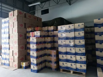 ลังเทปกาว SWAN OPP TAPE และลังสีน้ำตาลกองสูงเต็มคลังสินค้าโครงหลังคาเหล็ก มีพาเลทไม้รองด้านล่าง — SWAN TAPE โรงงานผลิตเทปกาว