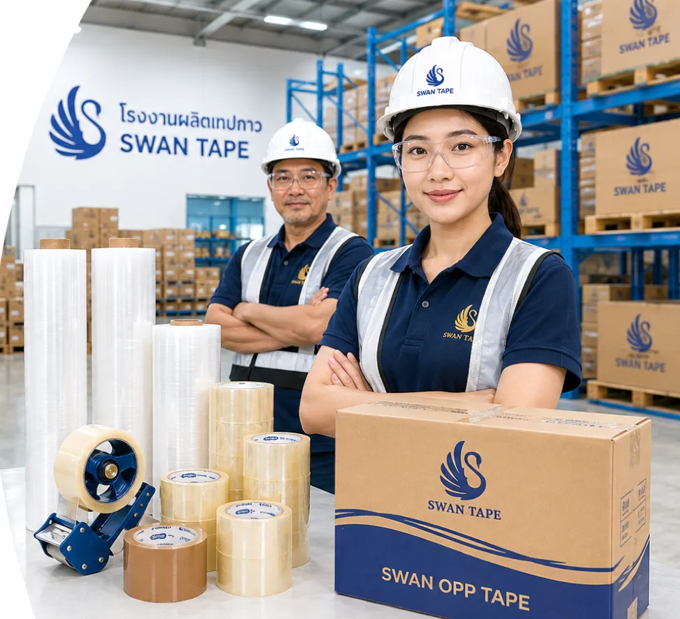 ทีมงาน SWAN TAPE ในคลังสินค้า ด้านหน้าเป็นเทปกาว OPP ฟิล์มยืด และตัวตัดเทป