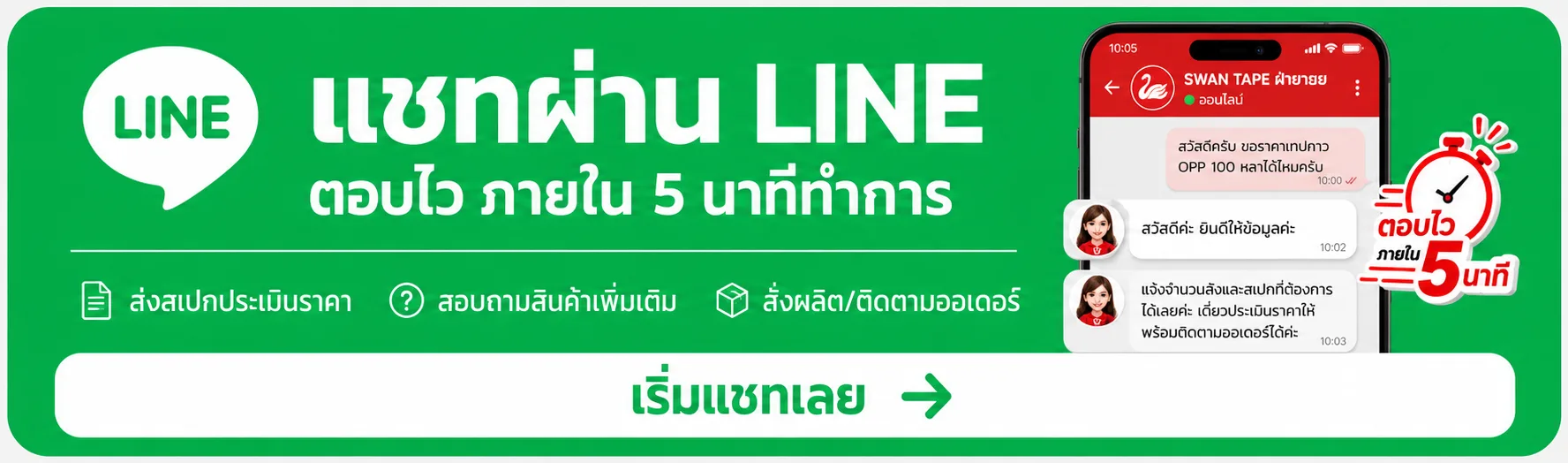 แชทผ่าน LINE กับ SWAN TAPE ส่งสเปกประเมินราคา สอบถามสินค้า สั่งผลิตและติดตามออเดอร์