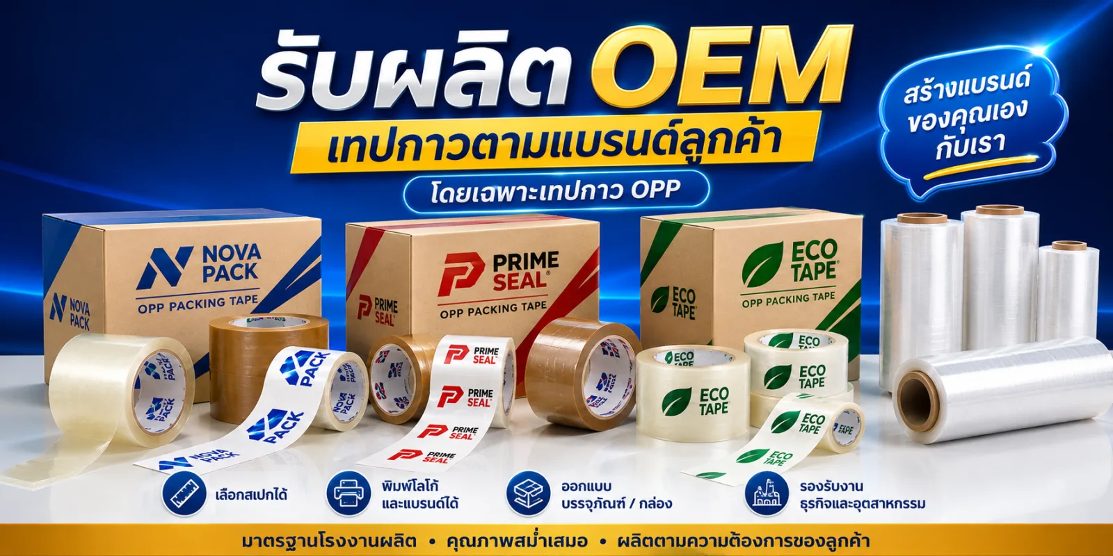 รับผลิต OEM เทปกาวตามแบรนด์ลูกค้า โดยเฉพาะเทปกาว OPP — เลือกสเปกได้ พิมพ์โลโก้และแบรนด์ ออกแบบบรรจุภัณฑ์ รองรับงานธุรกิจและอุตสาหกรรม